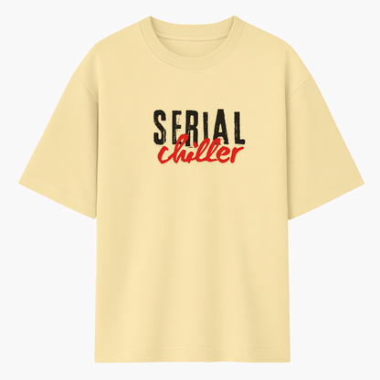 Beige t-shirt with 'Serial Chiller' text on a light gray background wordsarmor