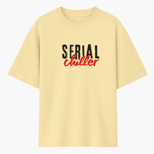 Beige t-shirt with 'Serial Chiller' text on a light gray background wordsarmor