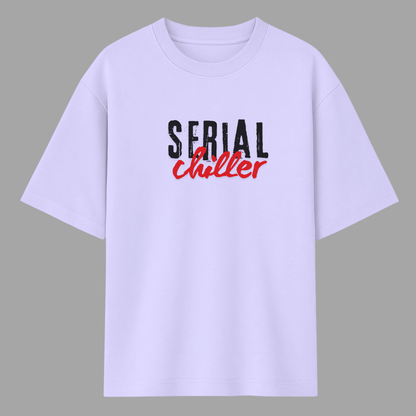Lavender t-shirt with 'Serial Chiller' text on a gray background wordsarmor