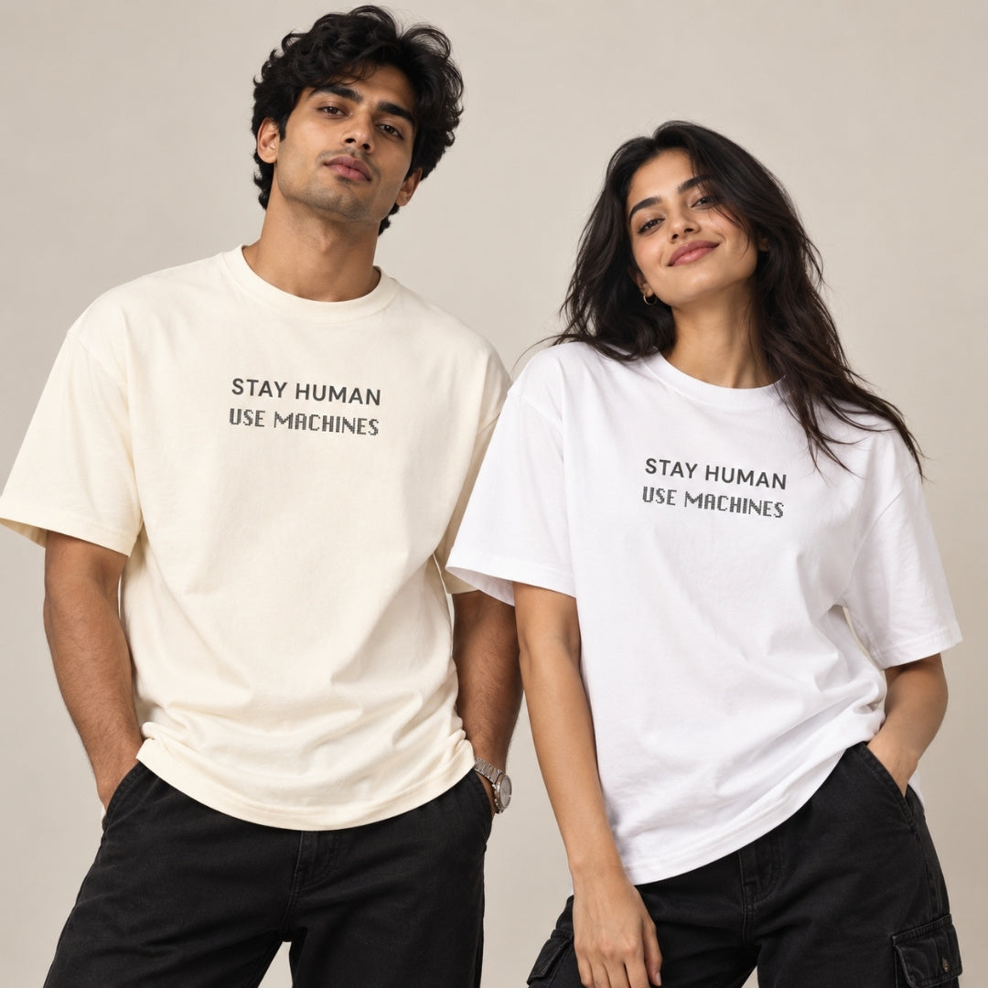 Stay Human Use Machines classic half sleeve T-Shirt in off white models by Words Armor