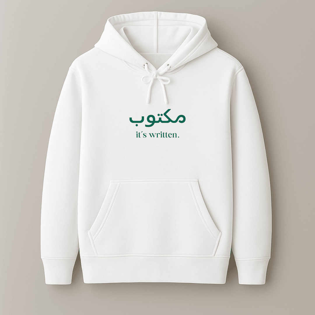 White Urdu quote Maktub graphic hoodie front and back premium fleece Words Armor