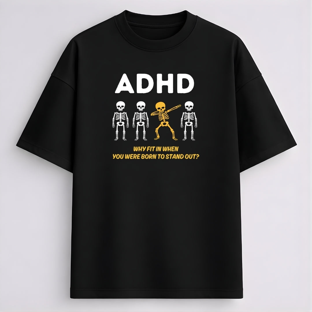 Words Armor black ADHD skeleton oversized tshirt front view with white lettering and golden-yellow dancing skeleton graphic