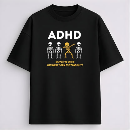 Words Armor black ADHD skeleton oversized tshirt front view with white lettering and golden-yellow dancing skeleton graphic