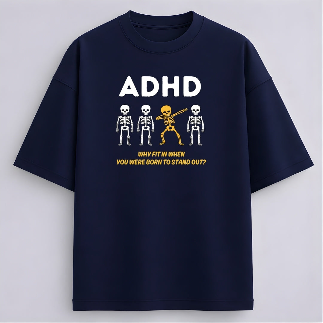 Words Armor navy blue ADHD skeleton oversized tshirt front view with white lettering and golden-yellow dancing skeleton graphic