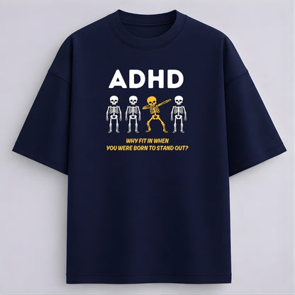 Words Armor navy blue ADHD skeleton oversized tshirt front view with white lettering and golden-yellow dancing skeleton graphic