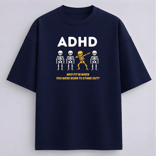 Words Armor navy blue ADHD skeleton oversized tshirt front view with white lettering and golden-yellow dancing skeleton graphic