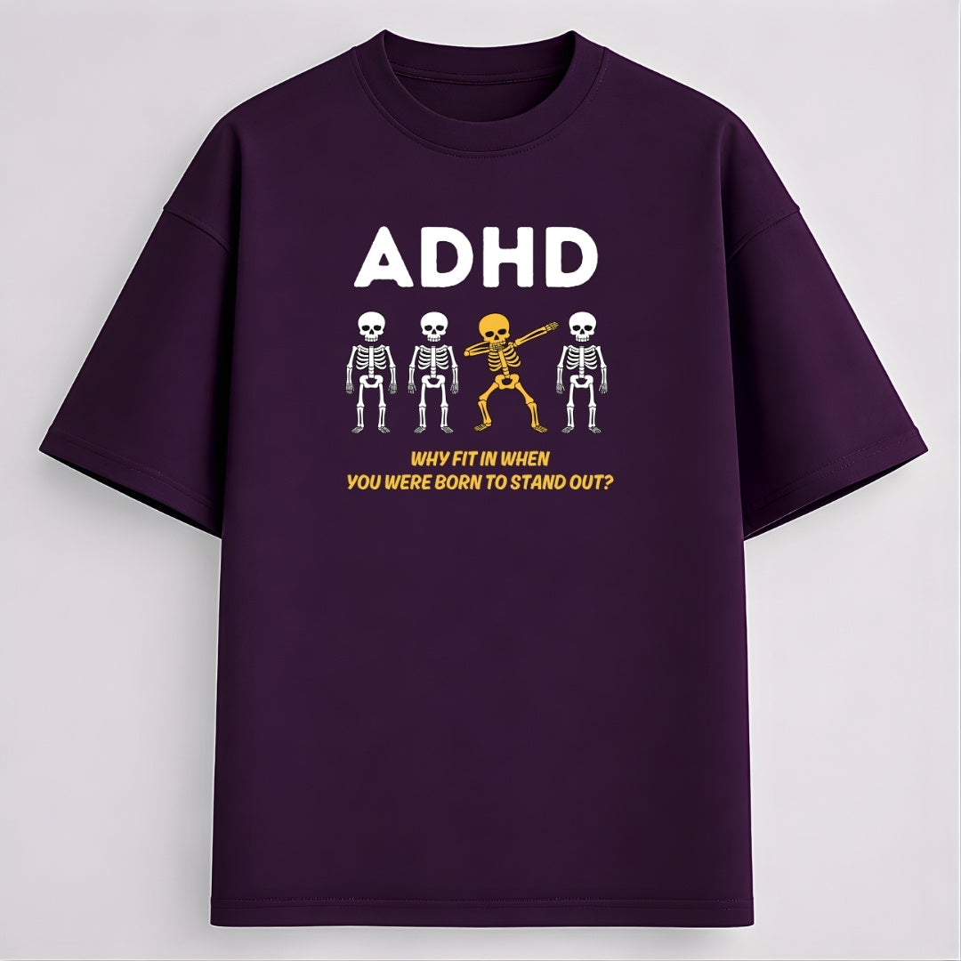 Words Armor purple ADHD skeleton oversized tshirt front view with white lettering and golden-yellow dancing skeleton graphic