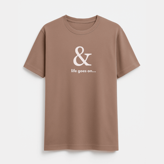 Brown t-shirt with a white ampersand and text on a light gray background wordsarmor