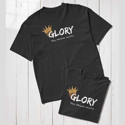 Black t-shirt with 'GLORY' design on a wooden surface wordsarmor