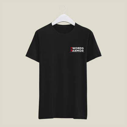Black t-shirt with 'Words Armor' logo on a beige background