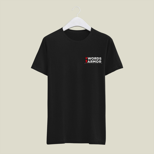 Black t-shirt with 'Words Armor' logo on a beige background