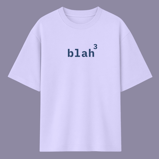 Lavender t-shirt with 'blah^3' text on a gray background wordsarmor