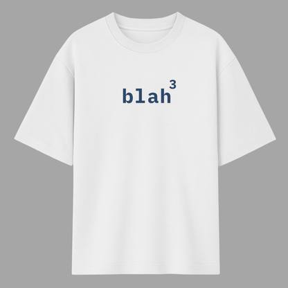 White t-shirt with 'blah^3' text on a gray background wordsarmor