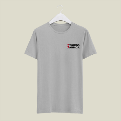 Gray melange t-shirt with 'Words Armor' logo on a beige background
