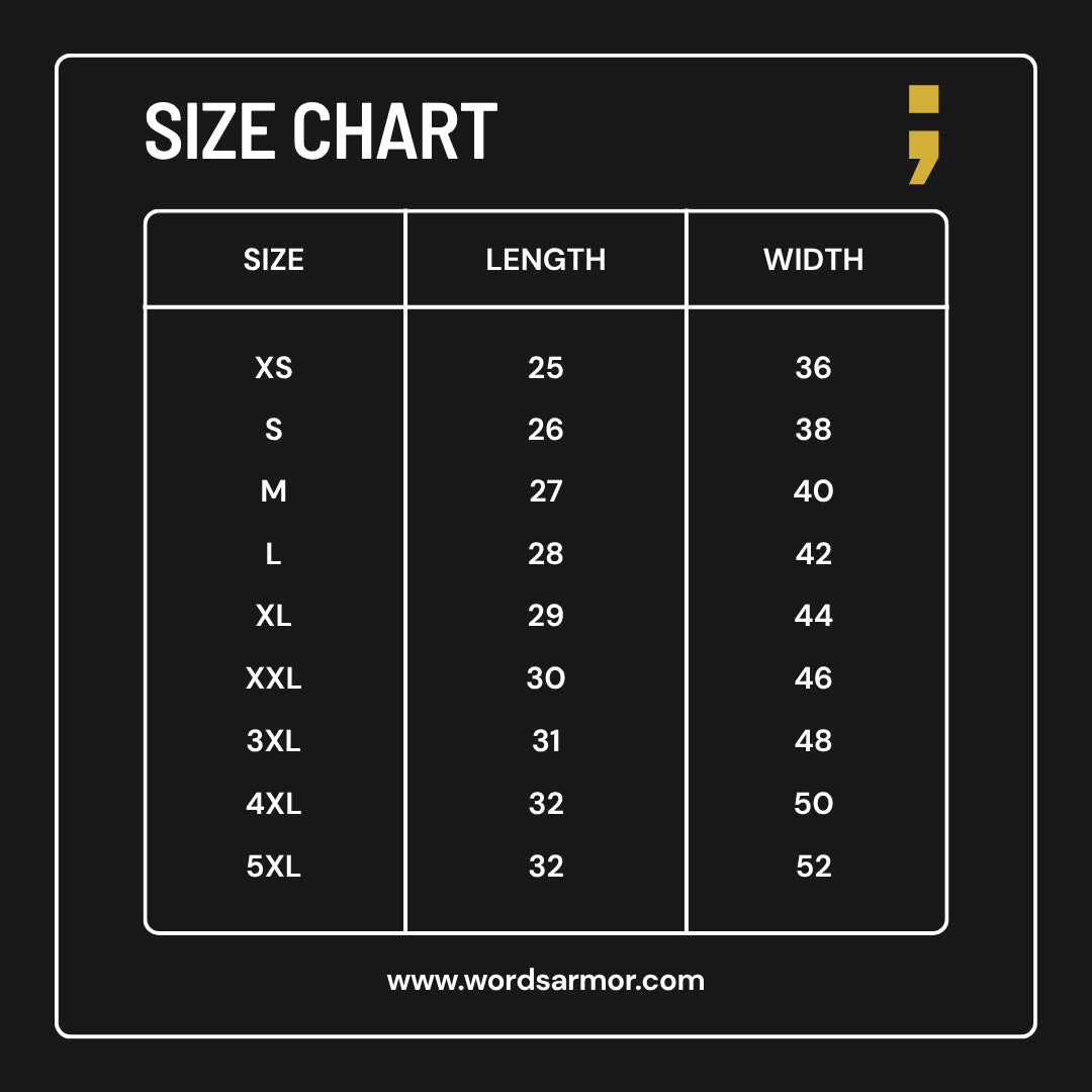 Words Armor classic half sleeve t-shirts size chart.