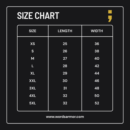 Words Armor classic half sleeve t-shirts size chart.