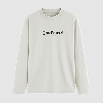 White long-sleeve tshirt with 'Cnofeusd' text on a white background wordsarmor