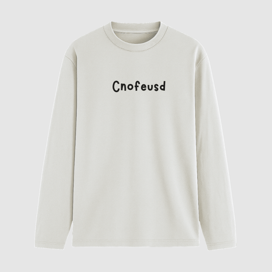 White long-sleeve tshirt with 'Cnofeusd' text on a white background wordsarmor