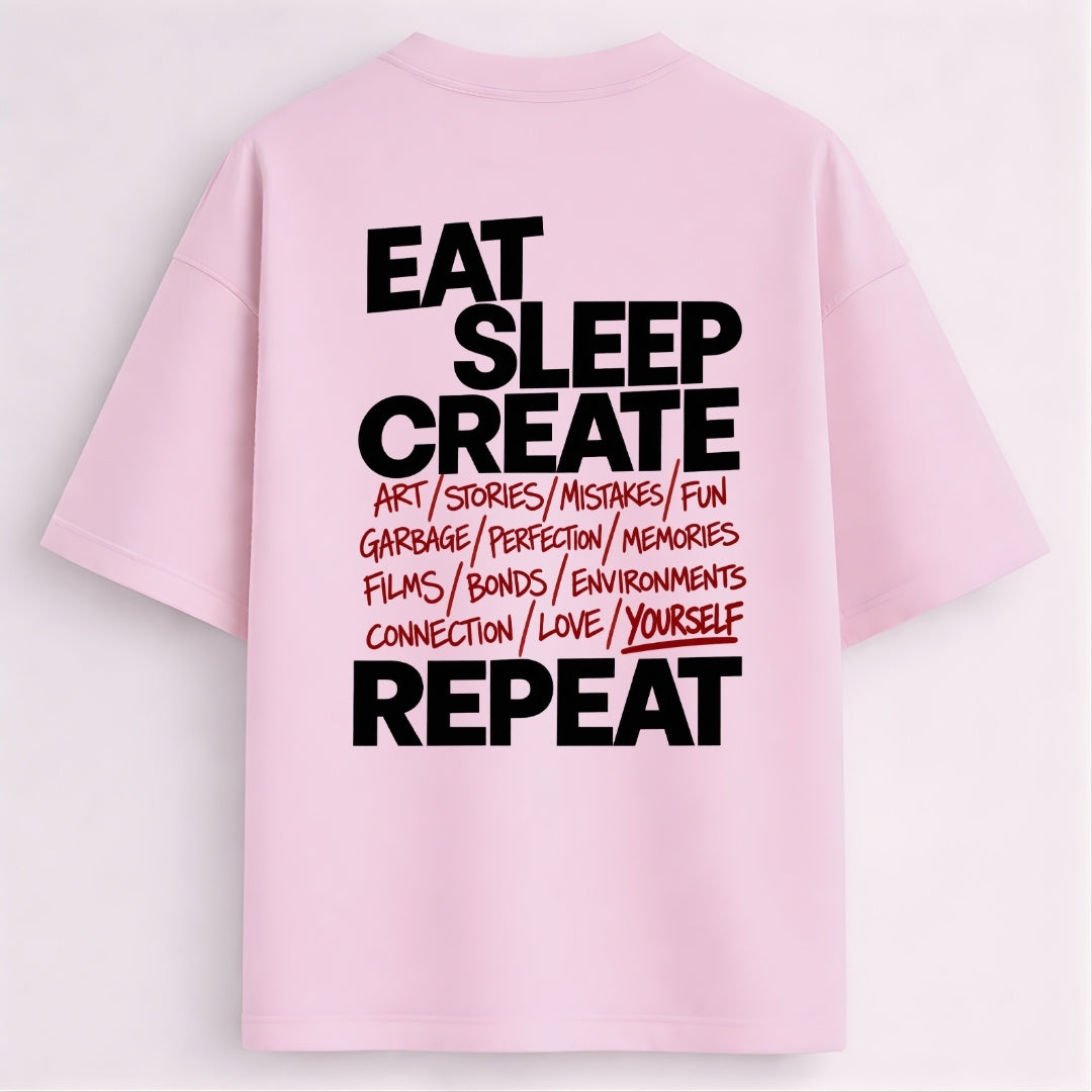 Words Armor baby pink oversized tshirt with Eat Sleep Create Repeat back graphic