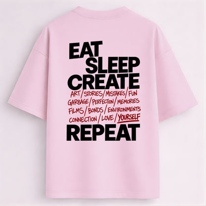 Words Armor baby pink oversized tshirt with Eat Sleep Create Repeat back graphic