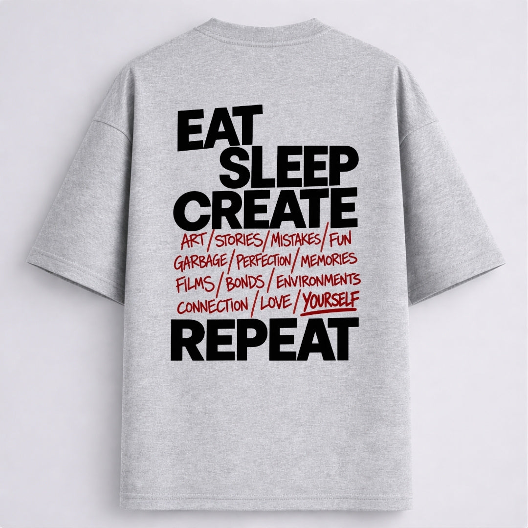 Words Armor melange grey oversized tshirt with Eat Sleep Create Repeat back print