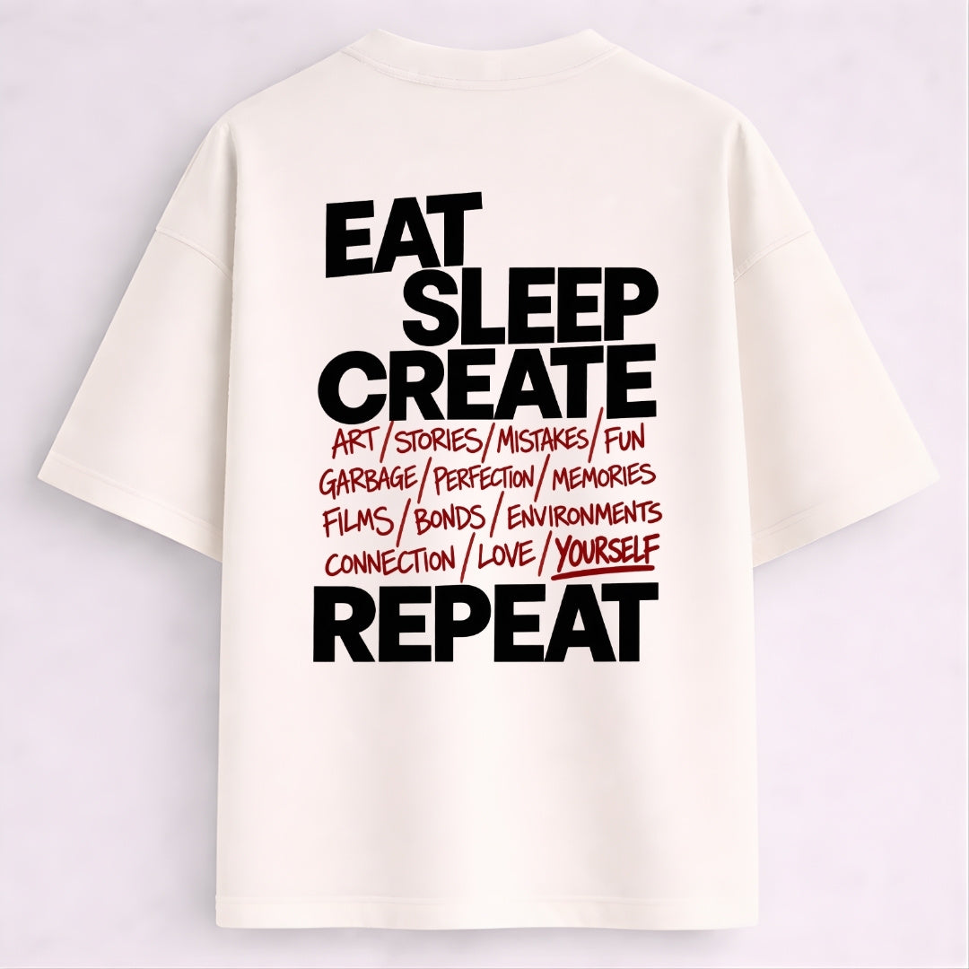Words Armor off white oversized tshirt with Eat Sleep Create Repeat back graphic