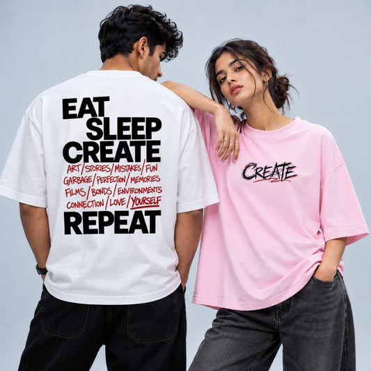 Words Armor white and pink oversized t-shirt with CREATE front graphic print and eat sleep create repeat back print wearing indian models