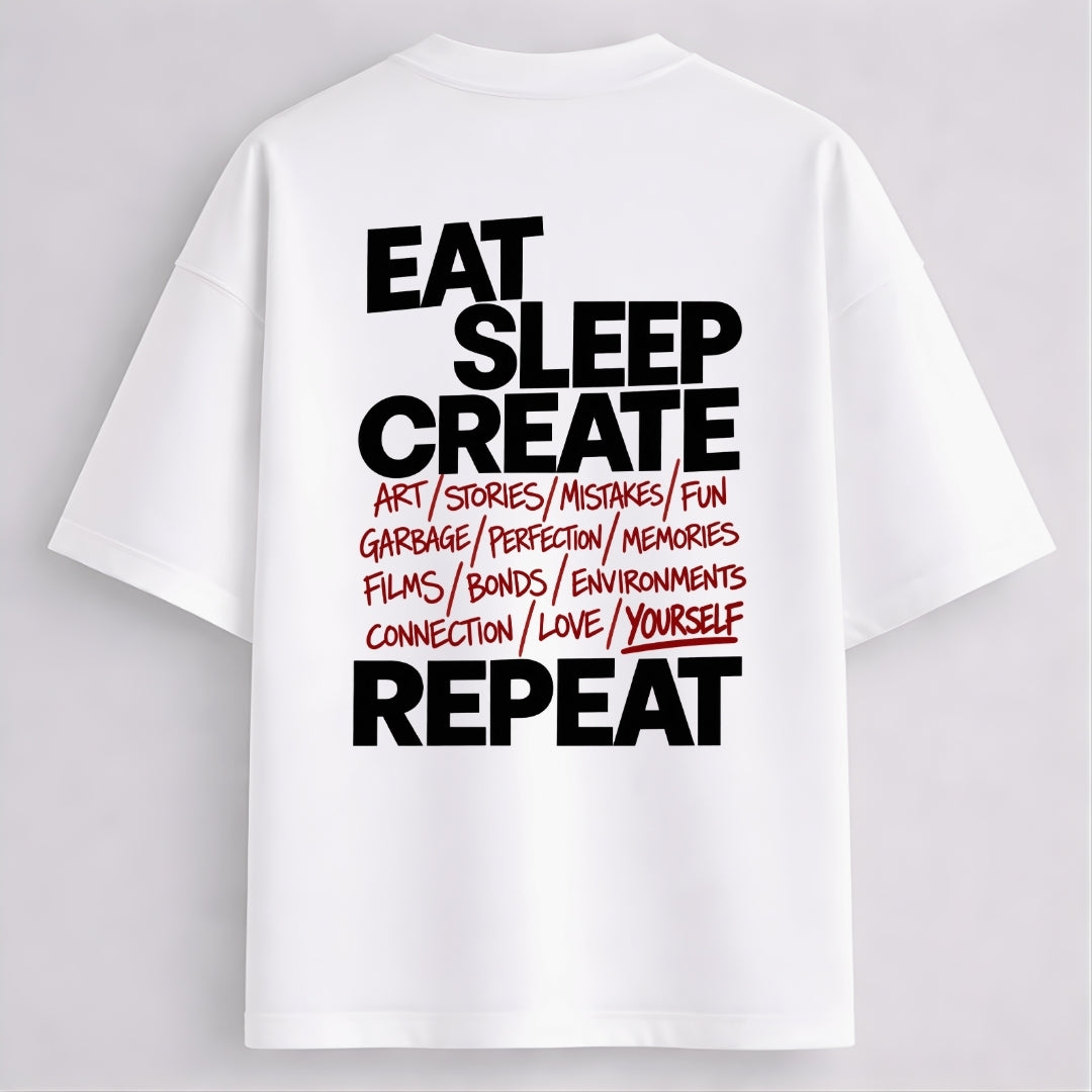 Words Armor white oversized t-shirt with Eat Sleep Create Repeat back print