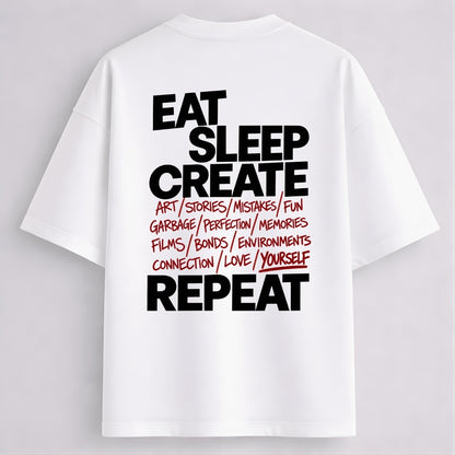 Words Armor white oversized t-shirt with Eat Sleep Create Repeat back print