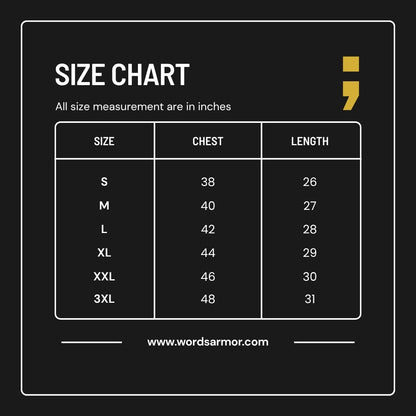 Words Armor full sleeve t shirt size guide for men and women