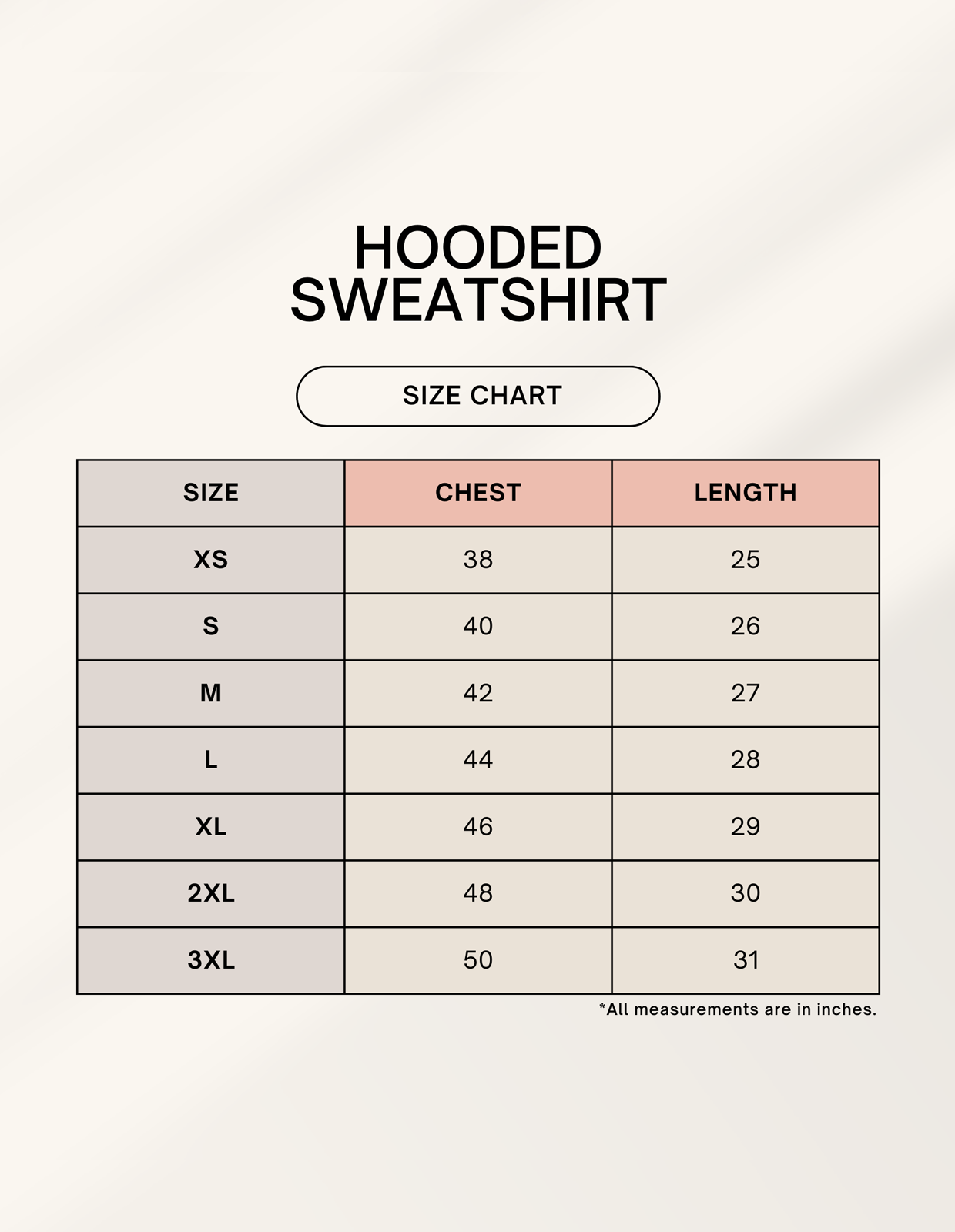 Hoodie size guide chart for men and women by Words Armor showing measurements for accurate fit