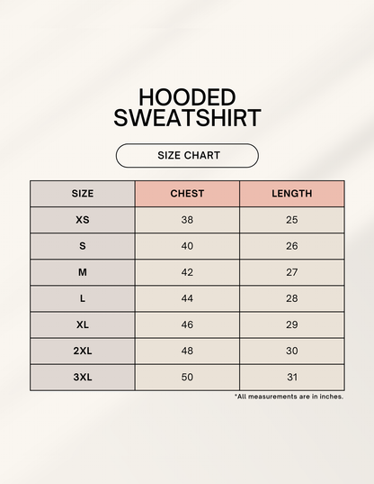 Hoodie size guide chart for men and women by Words Armor showing measurements for accurate fit