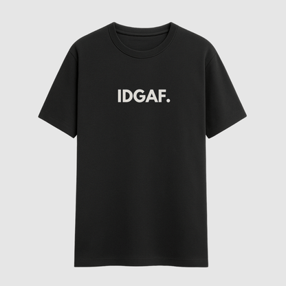 Black t-shirt with 'IDGAF' text on a light gray background wordsarmor