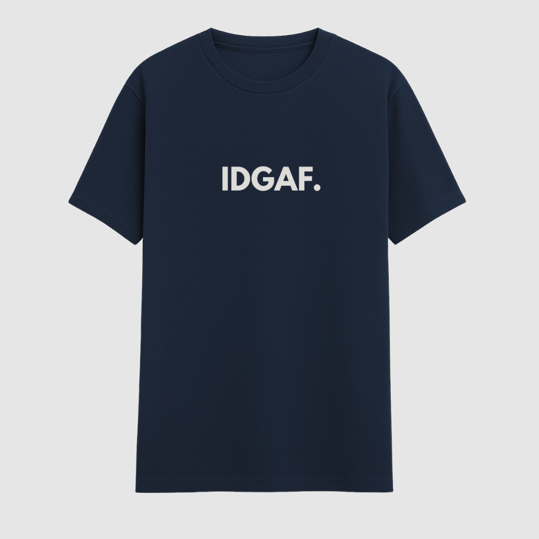 Navy blue t-shirt with 'IDGAF' text on a light gray background wordsarmor