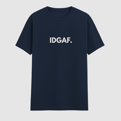 Navy blue t-shirt with 'IDGAF' text on a light gray background wordsarmor