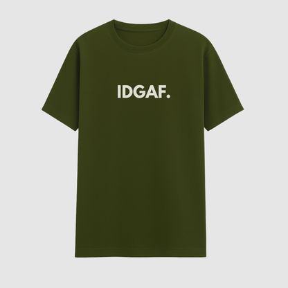 Green t-shirt with 'IDGAF' text on a light gray background wordsarmor
