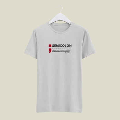 melange Gray t-shirt with a red and black semicolon graphic and text on a beige background wordsarmor
