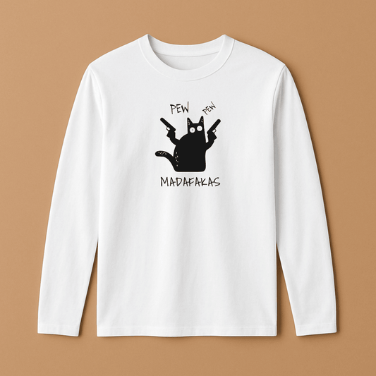 White long-sleeve shirt with a black graphic and text on a brown background wordsarmor