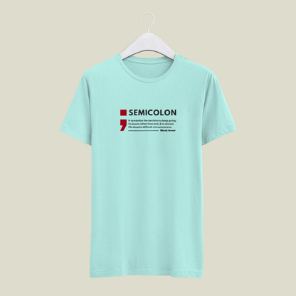 mint colour t-shirt with a semicolon graphic and text on a beige background wordsarmor