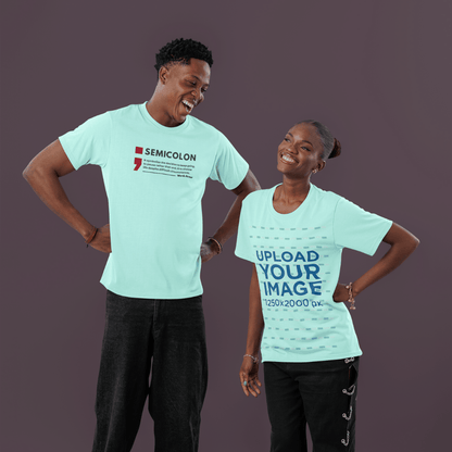 Two people wearing mint colour t-shirts with semicolon text designs on a dark purple background wordsarmor