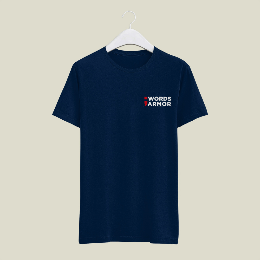 Navy blue t-shirt with a logo on a beige background words armor