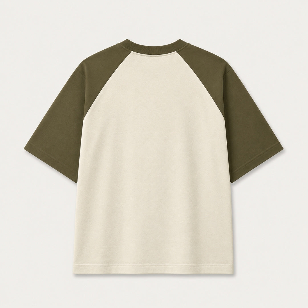 Premium Nonchalant oversized raglan t-shirt in olive green and off white for men and women by Words Armor.