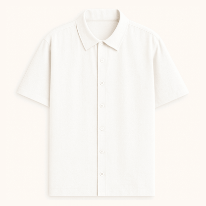 Oversized unisex white half sleeve shirt – front button-down view – relaxed fit – Words Armor