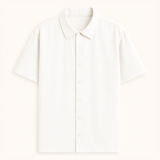 Oversized unisex white half sleeve shirt – front button-down view – relaxed fit – Words Armor