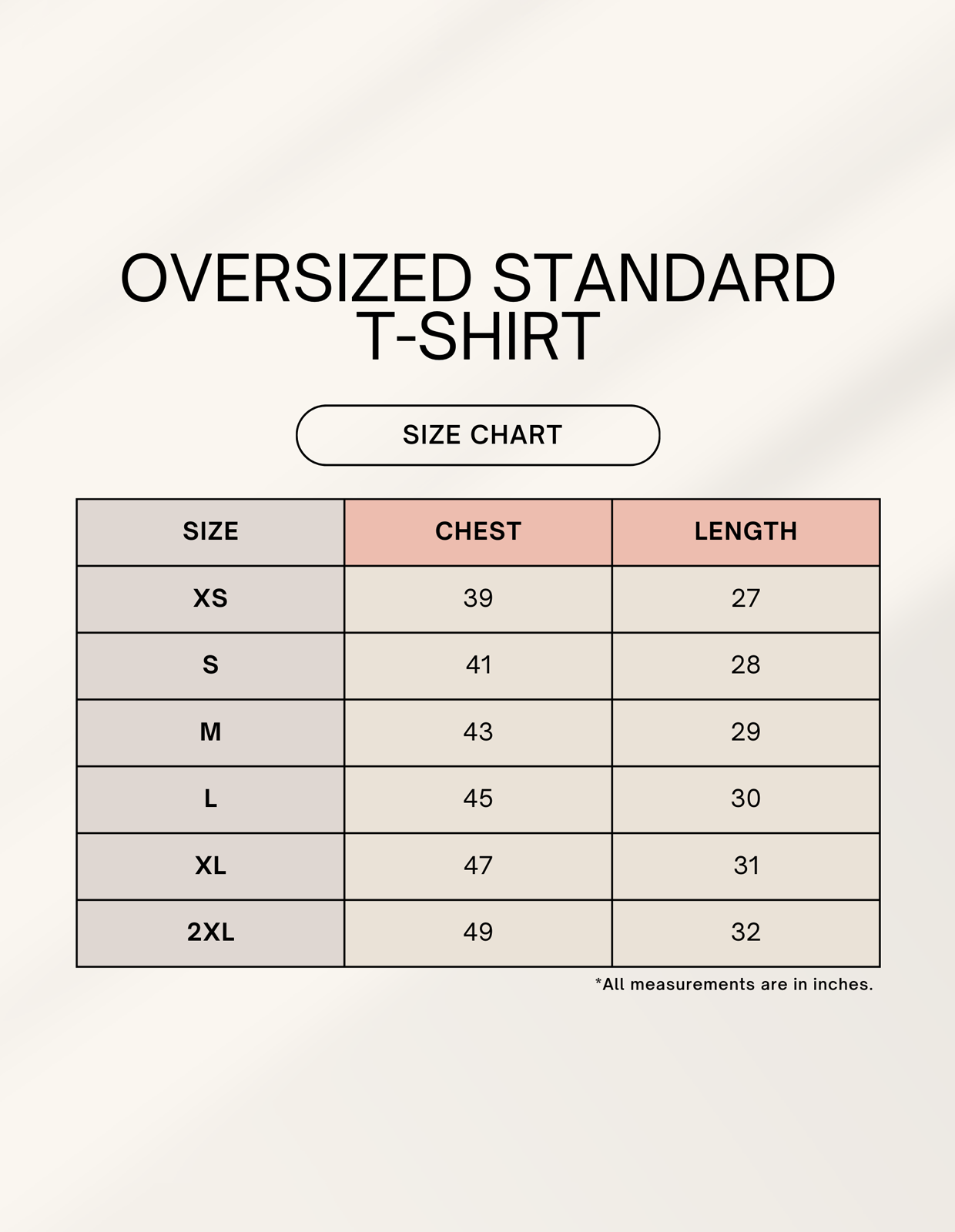 Size chart for Words Armor oversized unisex T-shirts – chest and length in inches