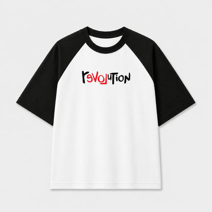 Words Armor Revolution typography oversized white and black raglan T-Shirt for men and women with minimalist streetwear graphic.