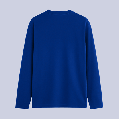 Blue long-sleeve shirt on a light gray background wordsarmor