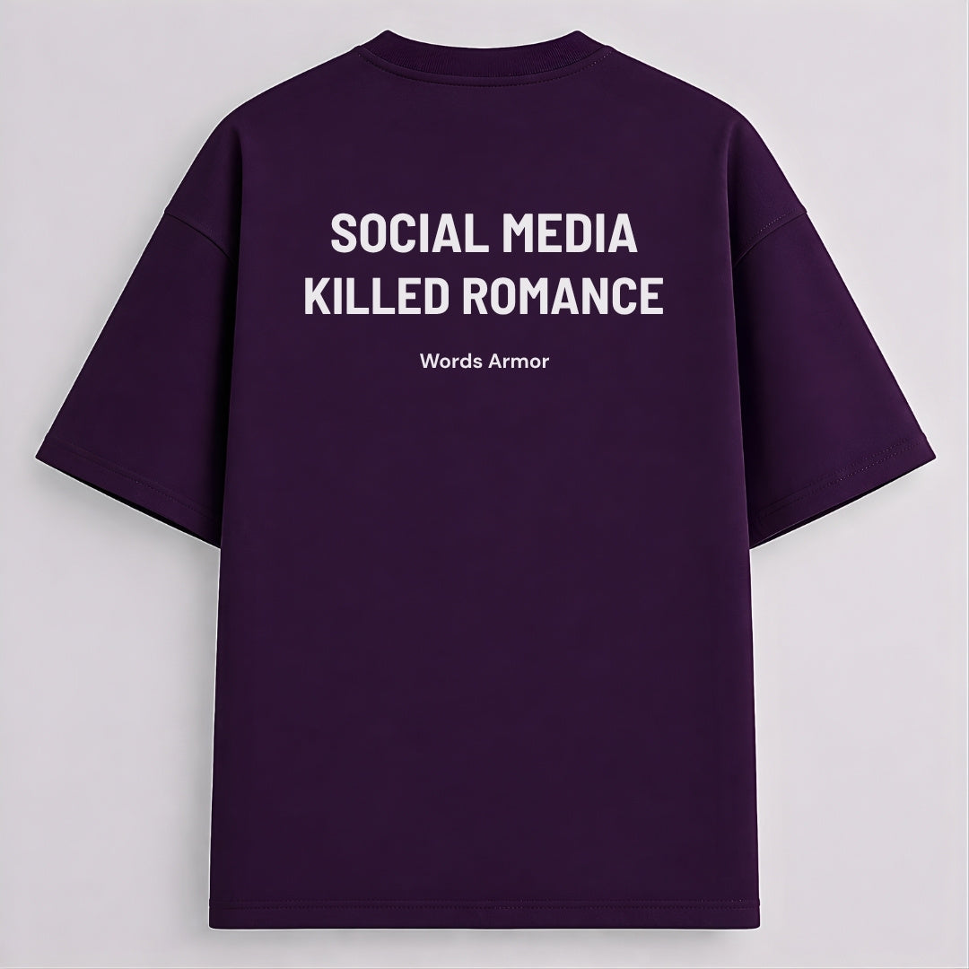 Words Armor Social Media Killed Romance Quote Purple Oversized T-Shirt Back View Main Image