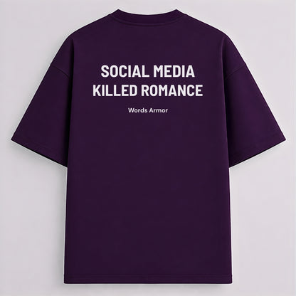 Words Armor Social Media Killed Romance Quote Purple Oversized T-Shirt Back View Main Image