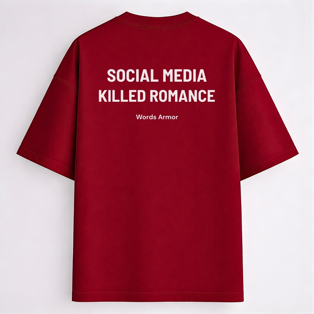 Words Armor Social Media Killed Romance Quote Red Oversized T-Shirt Back View Main Image